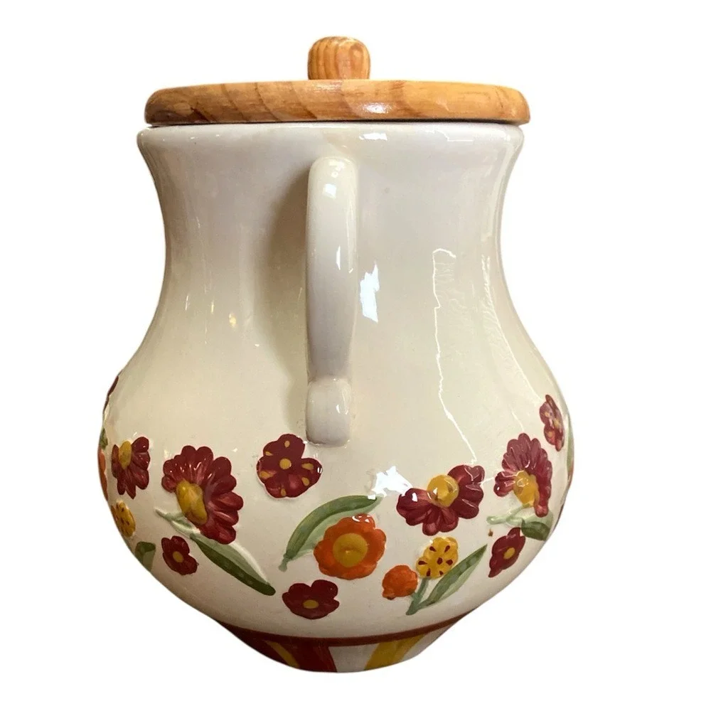 Vintage MSRF‎ French Country Floral Pottery Jar Wooden Lid Handles 9.5″